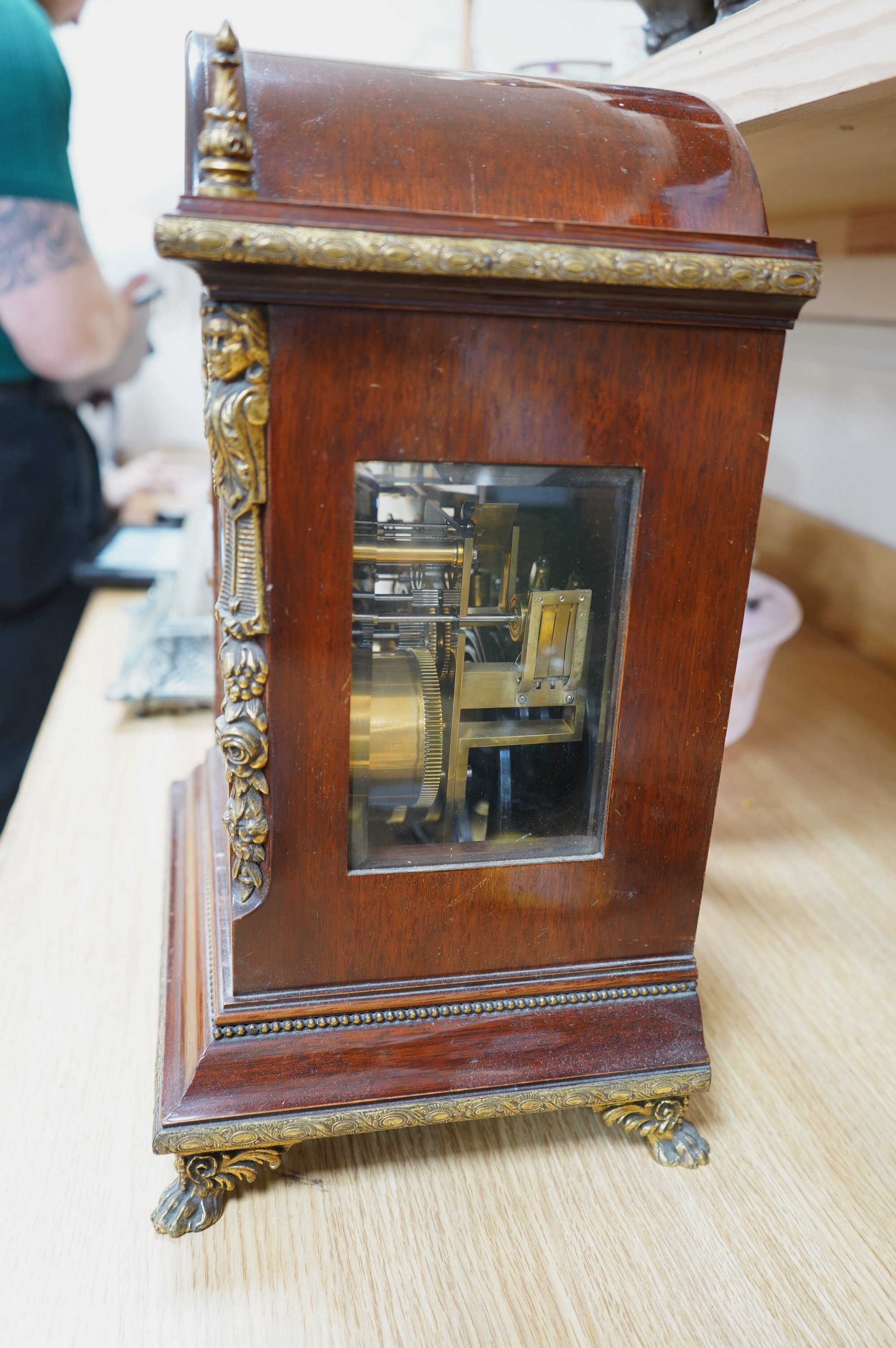 A W&H mahogany three train bracket clock, keys and pendulum, 44cm. Condition - fair to good, not tested